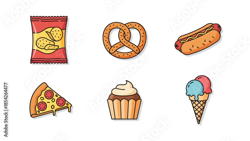 Assortment of Delicious Snacks and Treats Crisps, Pretzel, Hot Dog, Pizza, Cupcake, and Ice Cream