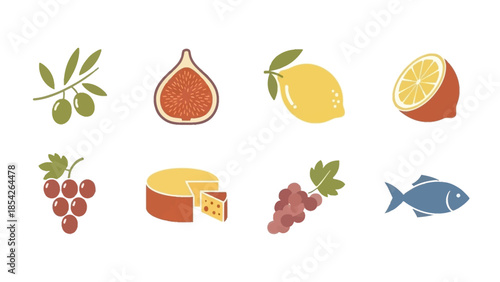 Delicious assortment of healthy food icons olives, figs, lemons, grapes, fish, and cheese