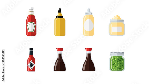 Various sauce bottles illustration, offering a colorful assortment for diverse culinary applications