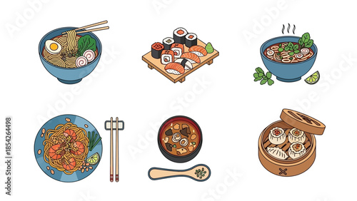 Delicious Asian Cuisine A Colorful Collection of Ramen, Sushi, and Other Dishes