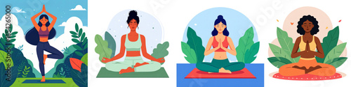 Vector Illustration Set of Different Yoga Poses Showing People Practicing Asanas for Fitness, Balance and Mindfulness