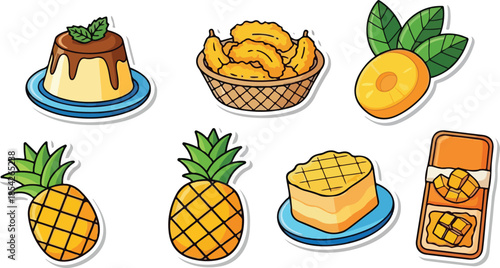 Delicious Tropical Treats A Colorful Vector Illustration of Pineapple, Mango, and Banana Desserts