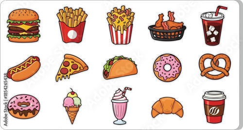 Delicious Fast Food Assortment Burgers, Fries, Pizza, Tacos, Donuts, and More, Vector Illustration