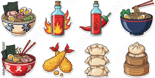 Japanese Food Icon Stickers Ramen, Chili Oil, Tempura, Dumplings, & More. Delicious Culinary Arts