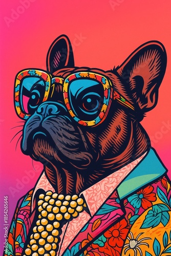 Cool French Bulldog wearing colorful glasses and a floral suit in a vibrant pop-art style.