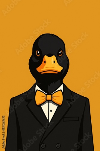 Anthropomorphic black duck wearing a formal tuxedo and yellow bowtie against a solid gold backdrop.