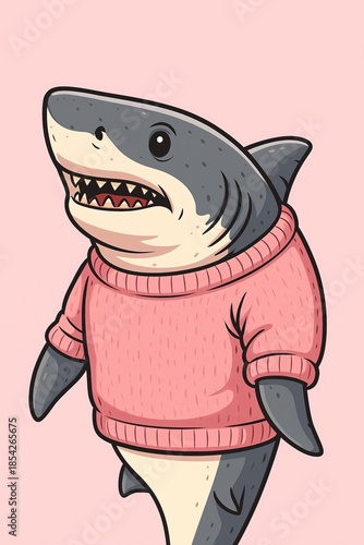 Cute cartoon shark wearing a cozy pink sweater, standing against a soft pastel pink background.