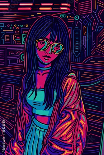 Neon cyberpunk girl with glasses in a vibrant, futuristic synthwave world of glowing digital lines.