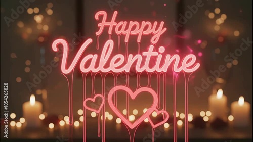 Dripping Neon Happy Valentine Sign with Romantic Candles and Bokeh Lights
