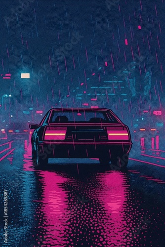 Retro car driving through a rainy cyberpunk city at night with glowing pink and blue neon lights.