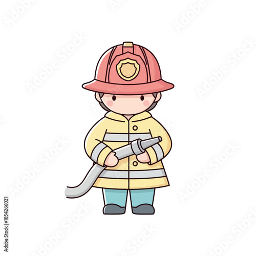 Cartoon Firefighter Holding Hose and Nozzle.