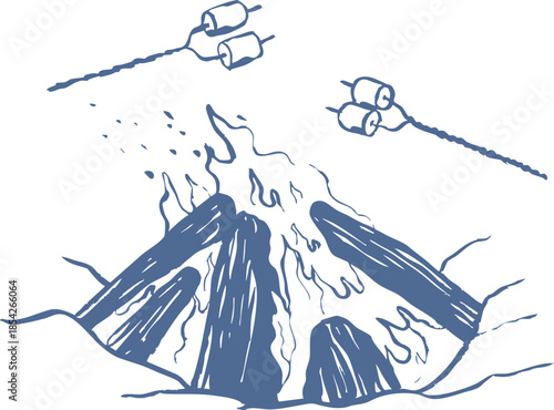 Hand drawn campfire in simple blue line art style. Minimal outdoor vector illustration with burning logs and marshmallows on sticks. Cozy, summer, camping lifestyle graphic.
