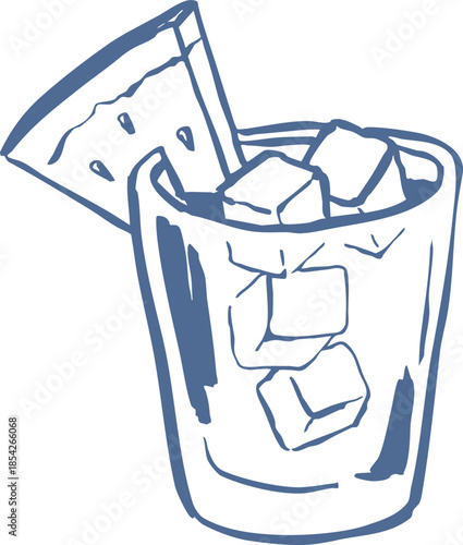 Hand drawn iced drink in simple blue line art style. Minimal beverage vector illustration with ice cubes and watermelon slice. Fresh, summer, coastal lifestyle graphic.