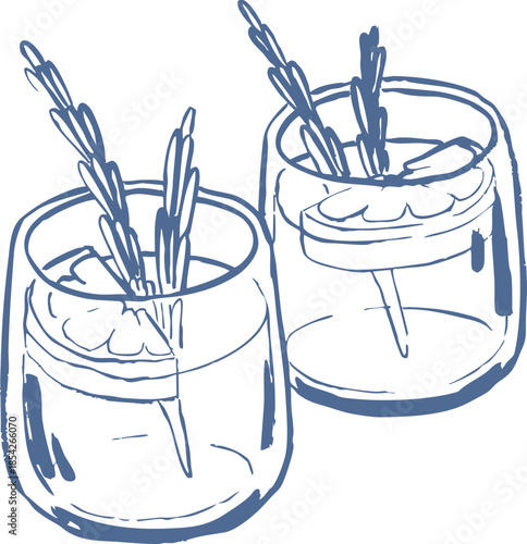 Hand drawn citrus drinks in simple blue line art style. Minimal beverage vector illustration with floating citrus slices and herb garnish. Fresh, elegant, lifestyle graphic.
