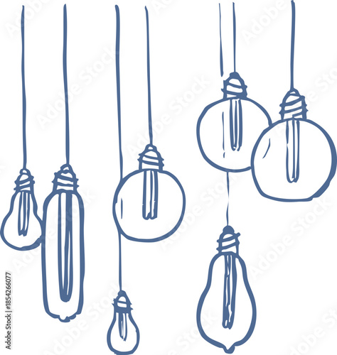 Hand drawn hanging Edison light bulbs in simple blue line art style. Minimal decorative vector illustration with mixed bulb shapes. Cozy, modern, boho lifestyle graphic.