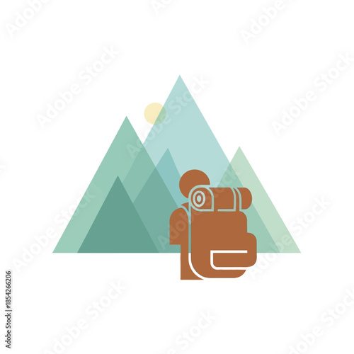 Hiker with Backpack Standing Near Mountains.