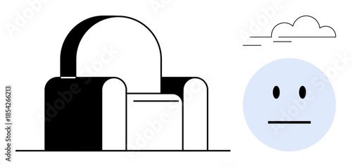 Interior design, furniture trends, minimalism, emotions, relaxation, contemplation. Abstract armchair illustration, neutral face and a simple cloud. Interior design and furniture trends concept