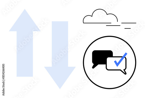 Blue arrows indicate data flow, cloud represents storage, chat bubbles with checkmark signify secure communication. Ideal for cloud computing, messaging, data transfer, verification, networking