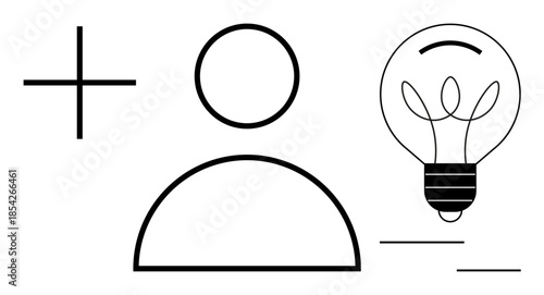 Innovation, creativity, ideas, personal development, brainstorming, user interface. Minimalist design showing a light bulb, person icon and plus sign. Innovation and creativity concept