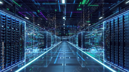 Modern data center facility showcasing advanced digital infrastructure for cloud computing, data storage, and network security. Represents high-performance technology, big data processing, artificial 