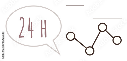 Speech bubble with 24H text and connected data points in a graph layout. Ideal for business, analytics, time management, customer support, availability, decision-making, simple flat metaphor