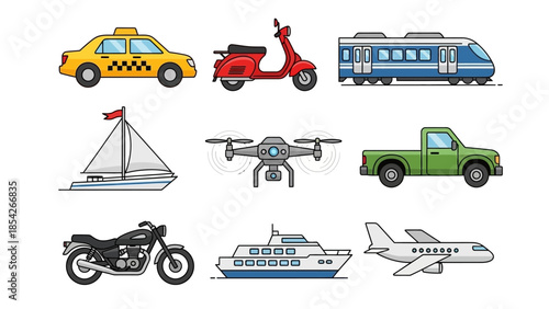 Diverse Transport Options Taxi, Scooter, Train, Sailboat, Drone, Truck, Motorcycle, Ship, Airplane