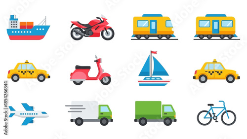 Diverse Transportation Icons A Colorful Collection of Vehicles for Travel and Logistics