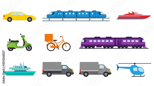 Transportation Icons Vector Illustrations of Cars, Trains, Boats, and Other Vehicles for Design