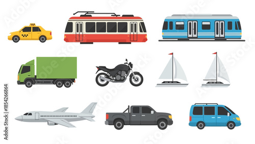 Various Transport Vehicles Taxi, Tram, Subway, Truck, Motorcycle, Sailboat, Airplane, Pickup, and Van