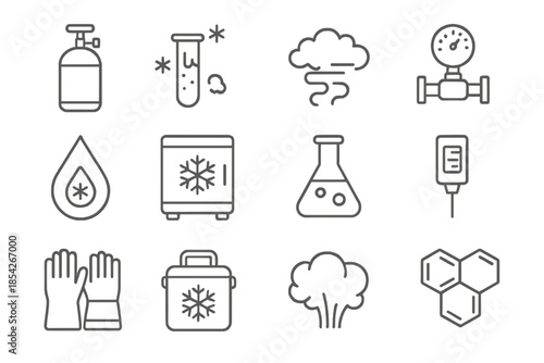 Cryogenic Science Icons. Line style icons of cryogenic science: nitrogen cylinder, frosted tube, cold mist, pressure valve;