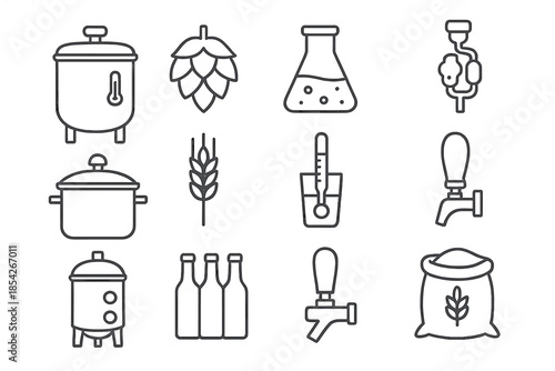 Microbrewery Equipment Icons. Line style icons of Microbrewery Equipment: Mash Tun, Hops, Yeast Culture, Fermentation Lock;