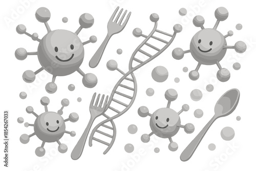 Whimsical Molecular Feast. Microscopic gastronomy view with giant smiling molecules, forks climbing DNA ladders, and spoons