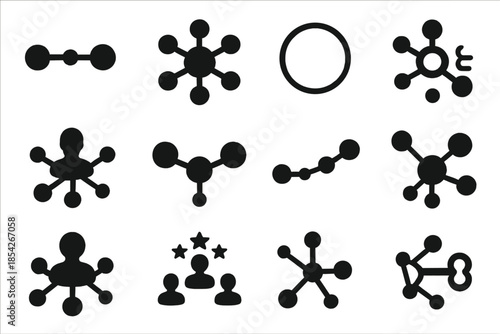 Network Centrality Icons. Solid style icons of network centrality: betweenness hub, degree node chart, closeness circle,