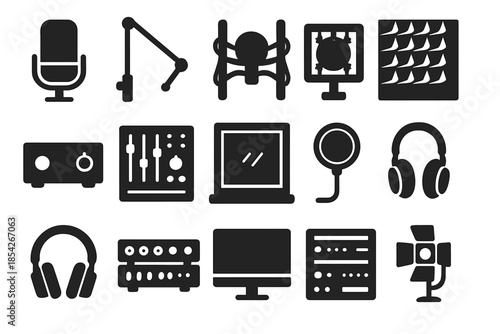 Studio Equipment Icons. Solid style icons of professional studio equipment: condenser microphone, boom arm, shock mount, acoustic