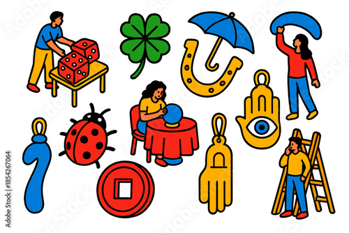 Sociology of Luck. Isometric vector illustration set Sociology of luck: people engaging in chance activities, cultural lucky