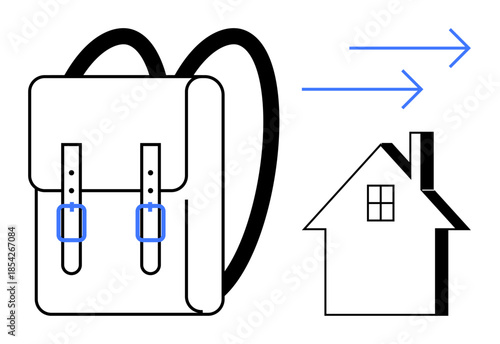 Travel, relocation, education, commuting, lifestyle, minimalism. A backpack next to arrows leading to a house. Travel and relocation concepts with a clean, symbolic design