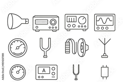 Retro Electronics Icons. Line style icons of retro electronics: cathode ray tube, amplifier, signal generator, waveform monitor;