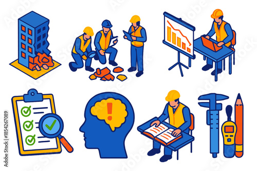 Engineering Disaster Analysis. Isometric vector illustration set Engineering disaster analysis: structural collapses,