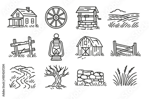 Abandoned Farm Icons. Line style icons of Abandoned Farms: Homestead, Wagon Wheel, Well, Wide Prairie; Broken Fence, Rusted