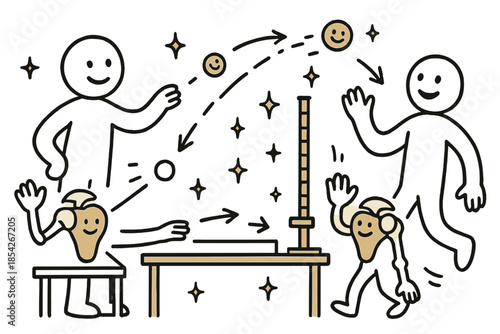 Cheerful Biomechanics Doodle. Whimsical doodle throwing biomechanics lab with smiling human figures, cartoon shoulder joints