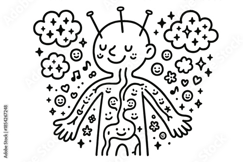 Magical Acupuncture Scene. Magical doodle acupuncture energy flow with smiling meridians, tiny happy symbols floating along,