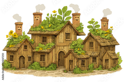 Tiny Home Community. Community of tiny homes built with reclaimed wood, smiling chimneys, and gardens sprouting from rooftops No