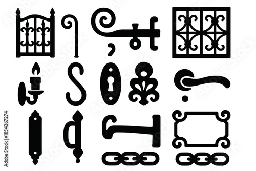 Decorative Ironwork Icons. Solid style icons of Decorative Ironwork: Gate, Spiral Railing, Iron Latch, Window Grille, Candle
