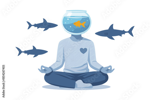 Mindfulness meditation concept with fishbowl head and calm mind
