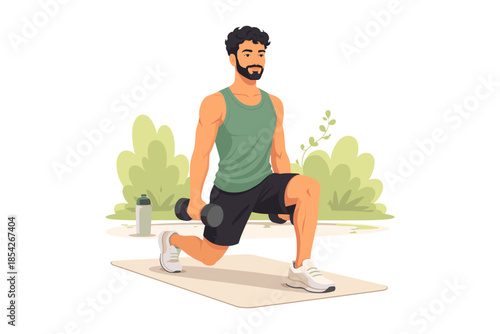 Fitness workout at home, athletic man doing lunge exercise