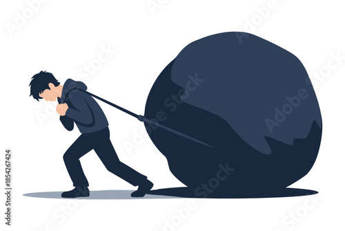 Man pushing huge boulder, struggle and overcoming obstacle concept