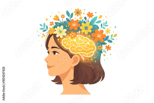 Creative mind with blooming ideas, female profile and brain flowers