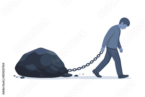 Man dragging heavy rock with chain, mental burden and stress concept