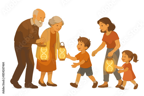 Epigenetic Gene Lantern Parade. Epigenetic inheritance parade with grandparents handing shining gene-lanterns to children and