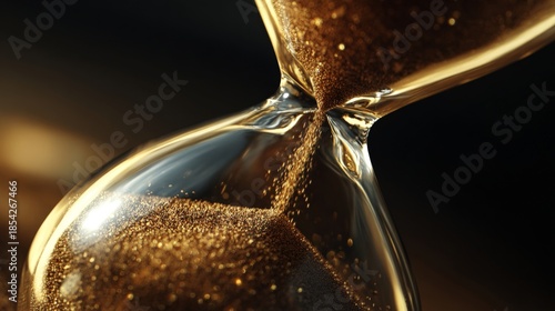 A close-up of an hourglass with golden sand flowing through a clear glass bulb under dramatic lighting, emphasizing texture and motion.